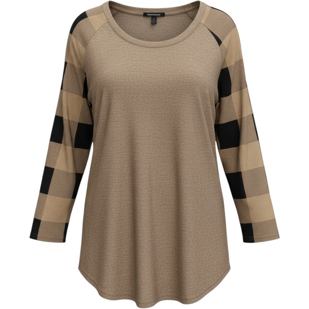 Reborn J Plaid Raglan Tunic Womens 2X Tan Black Check 3/4 Sleeve Excellent